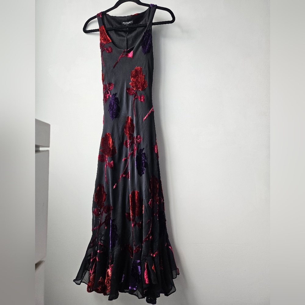 Betsey Johnson Vintage  Black Purple Red Orange Velvet Applique Ruffled Dress - Picture 2 of 16